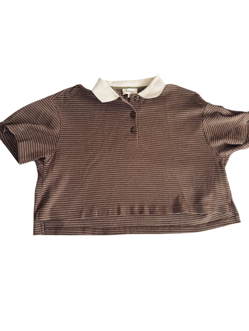 Bohme Womens Brown Striped Crop Polo Shirt Size S White Collar Short Sleeve